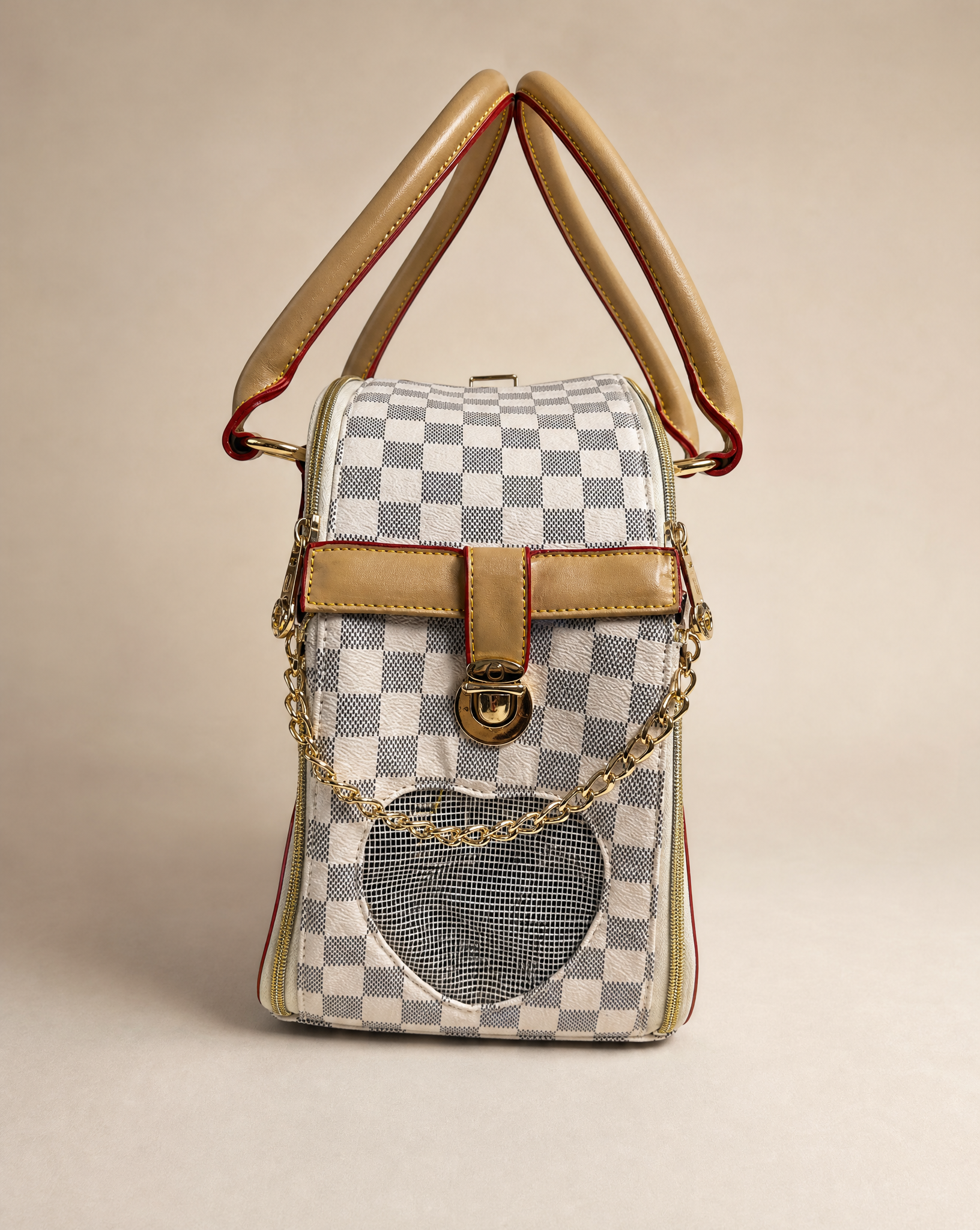 Generated with Kive.ai - Checkered leather backpack Make a studio product shot dog bag.png