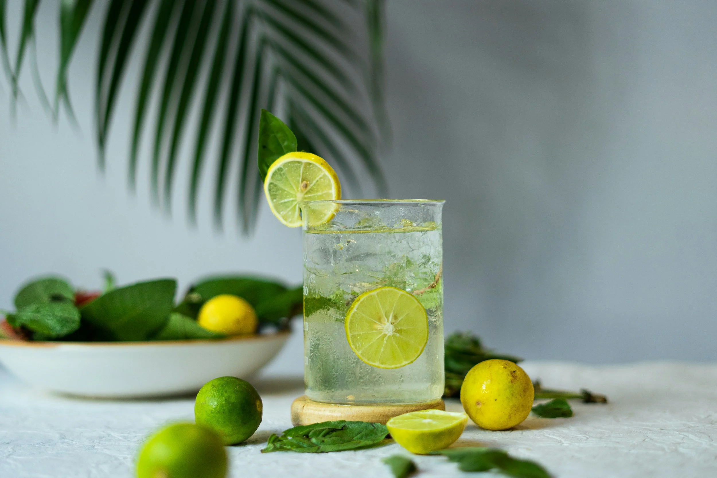A glass of sparkling lime beverage garnished with lemon and lime slices, with limes and green leaves on a white surface.