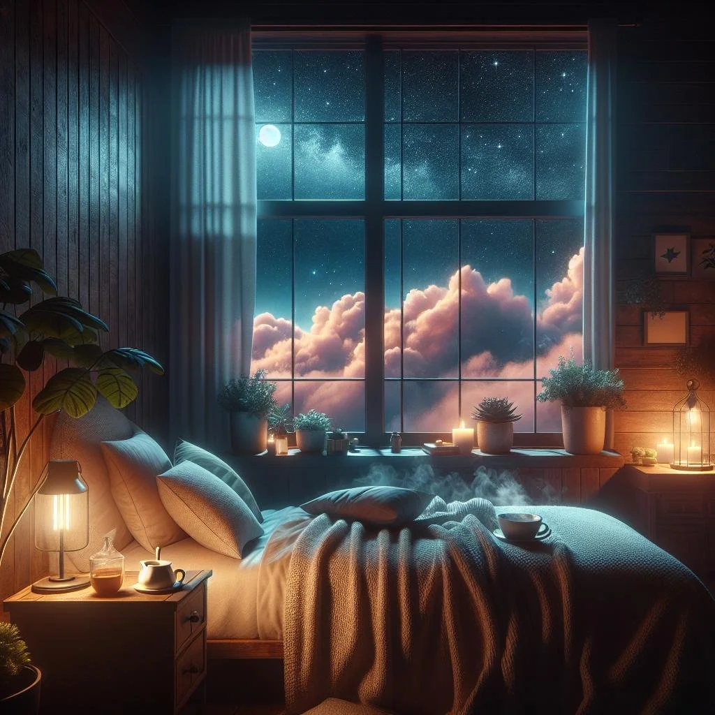 A cozy bedroom with a large window showing a starry night sky, moon, clouds, and the Milky Way. The room has wooden walls, potted plants on the windowsill, candles, and warm lighting. A bed with pillows and a blanket is in the foreground with a steaming cup and bowl on it.