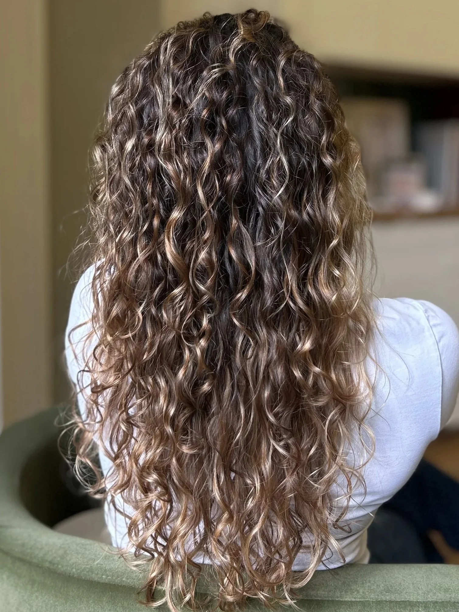 Back view of a person with long, curly, light brown hair seated on a green armchair. The person is wearing a white shirt. In the background, there is a bookshelf with books and decorative items.