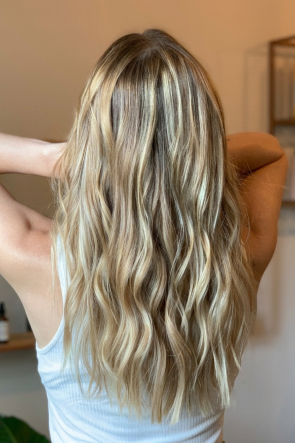 Woman with long wavy blonde hair, wearing a white tank top, standing indoors with her back to the camera.