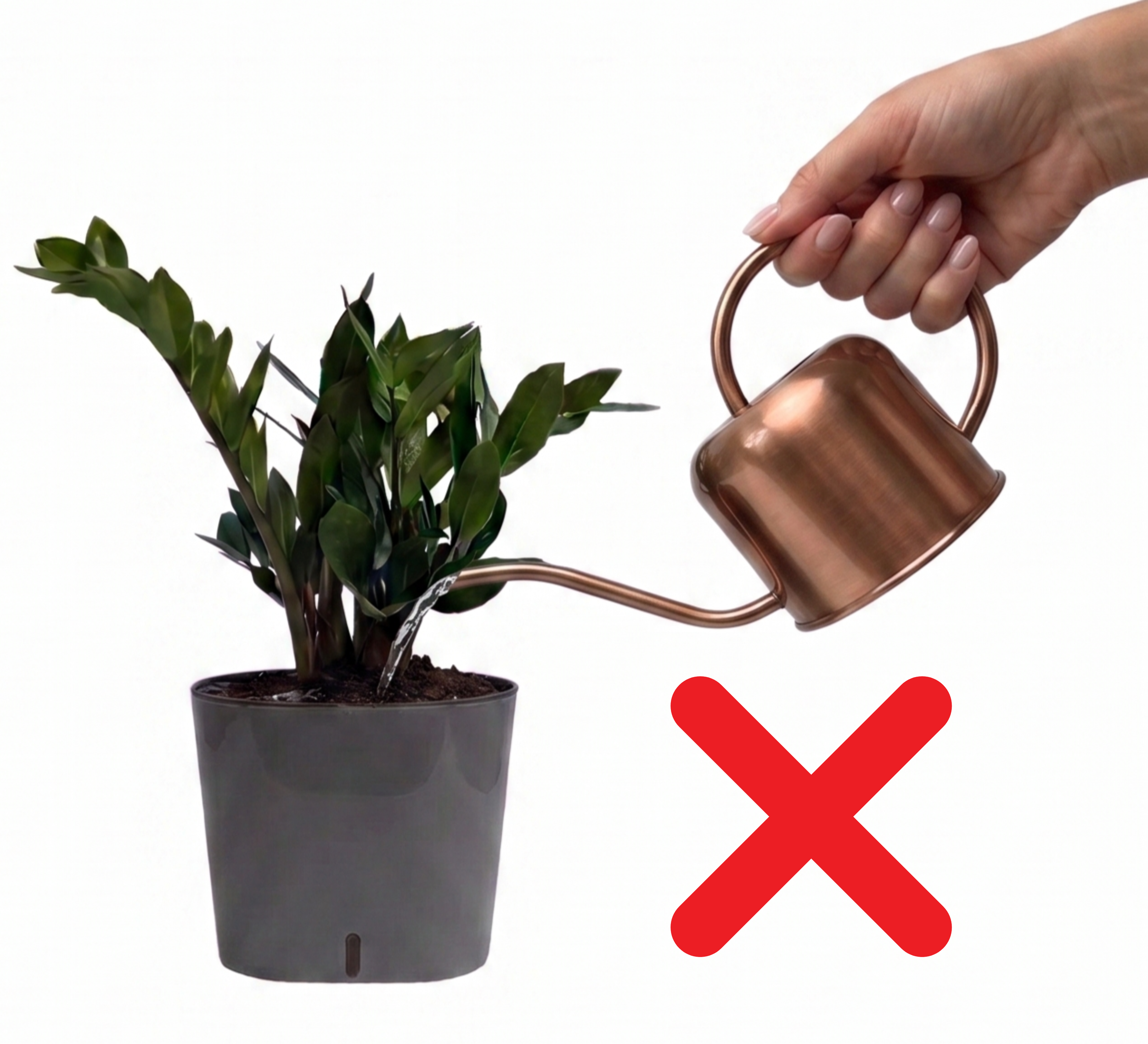 A plant in a black pot being watered with a copper watering can with a handle, against a plain white background. There is a large red 'X' overlayed on the bottom right corner.