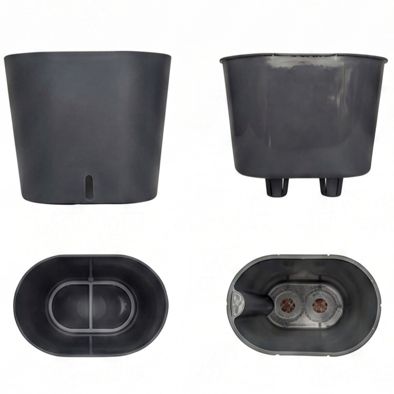 Images of a black, rectangular, plastic planter with a tapered design, viewed from different angles showing the opening top and the interior bottom with two circular drainage holes.
