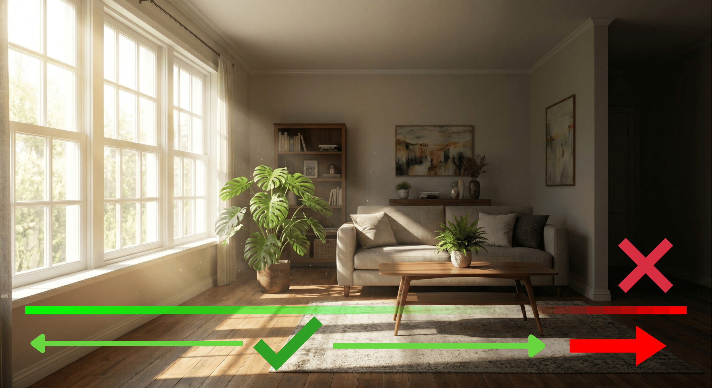 Bright living room with large windows, houseplant, sofa, artwork, and decor. Bright sunlight streaming in.