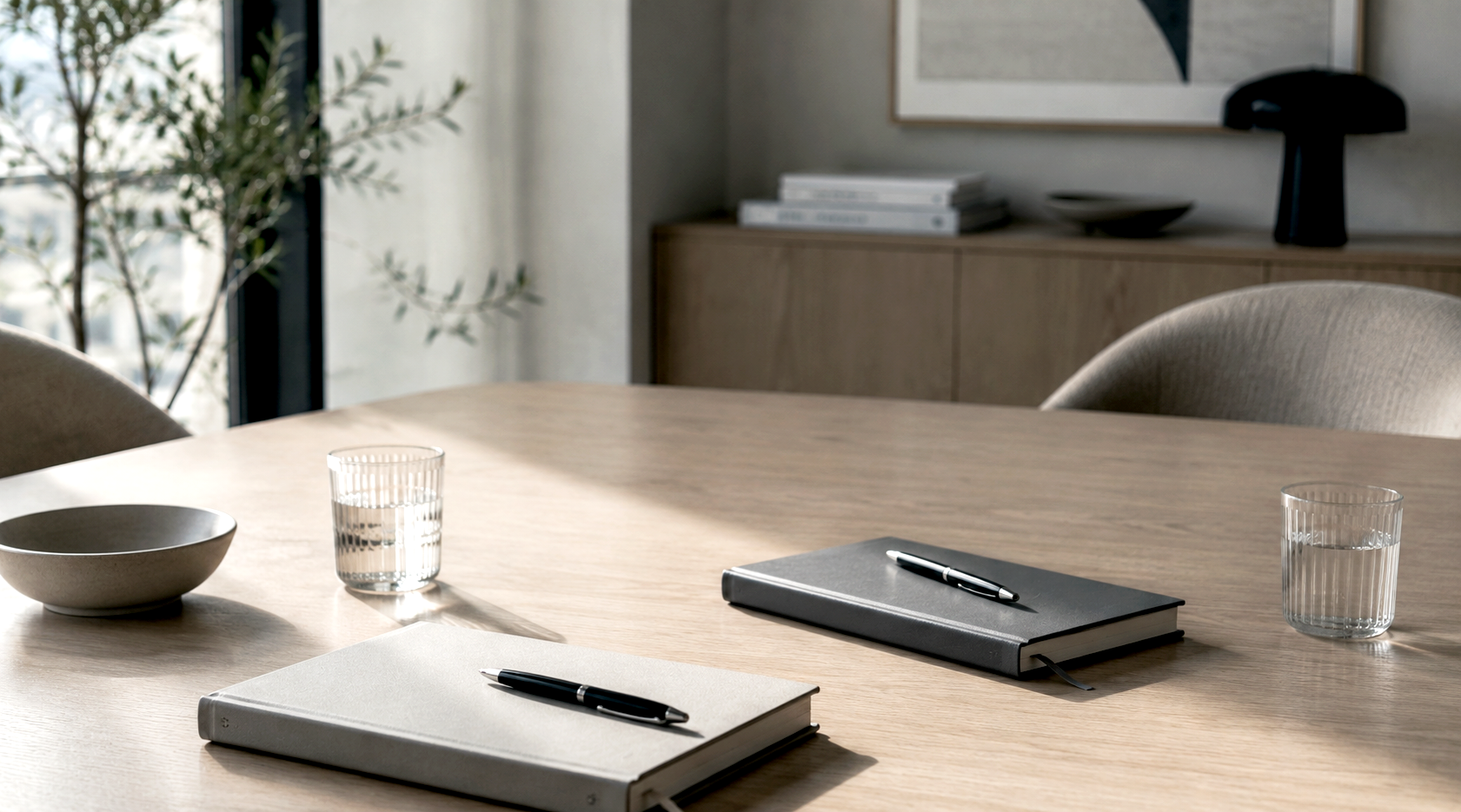 Individual coaching workspace with notebooks on a desk in a calm reflective setting