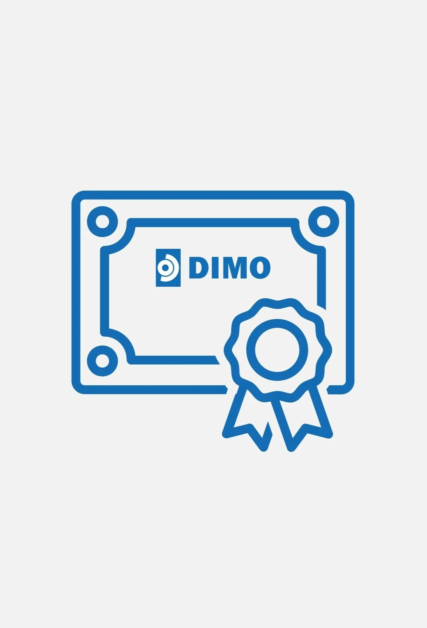 En blå outline av en harddisk med et DIMO-logo og en medalje med sløyfe
