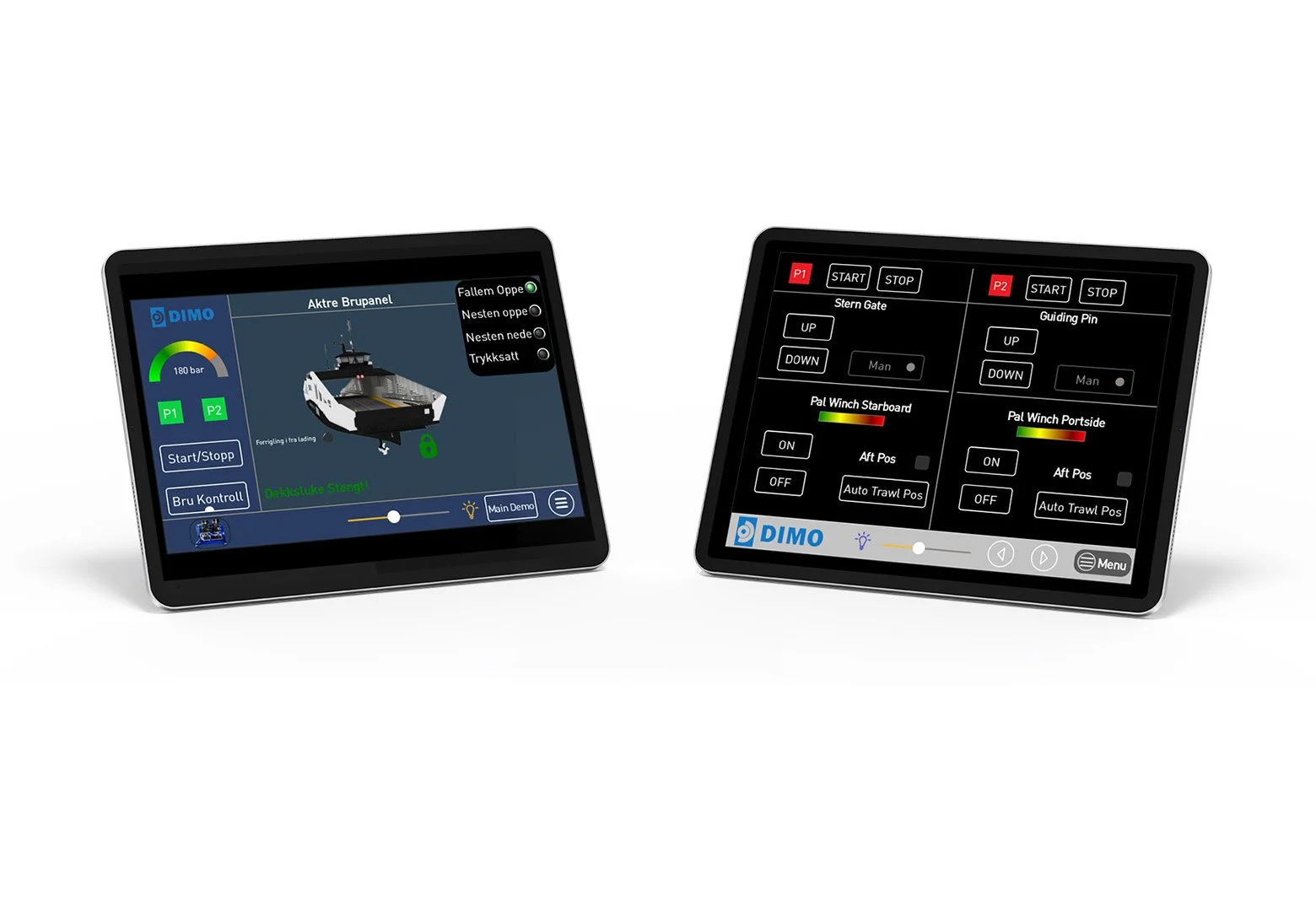 Control panel. To digitale skjermer viser kontrollpaneler for en båtsystem, med ulike funksjoner og indikatorer.