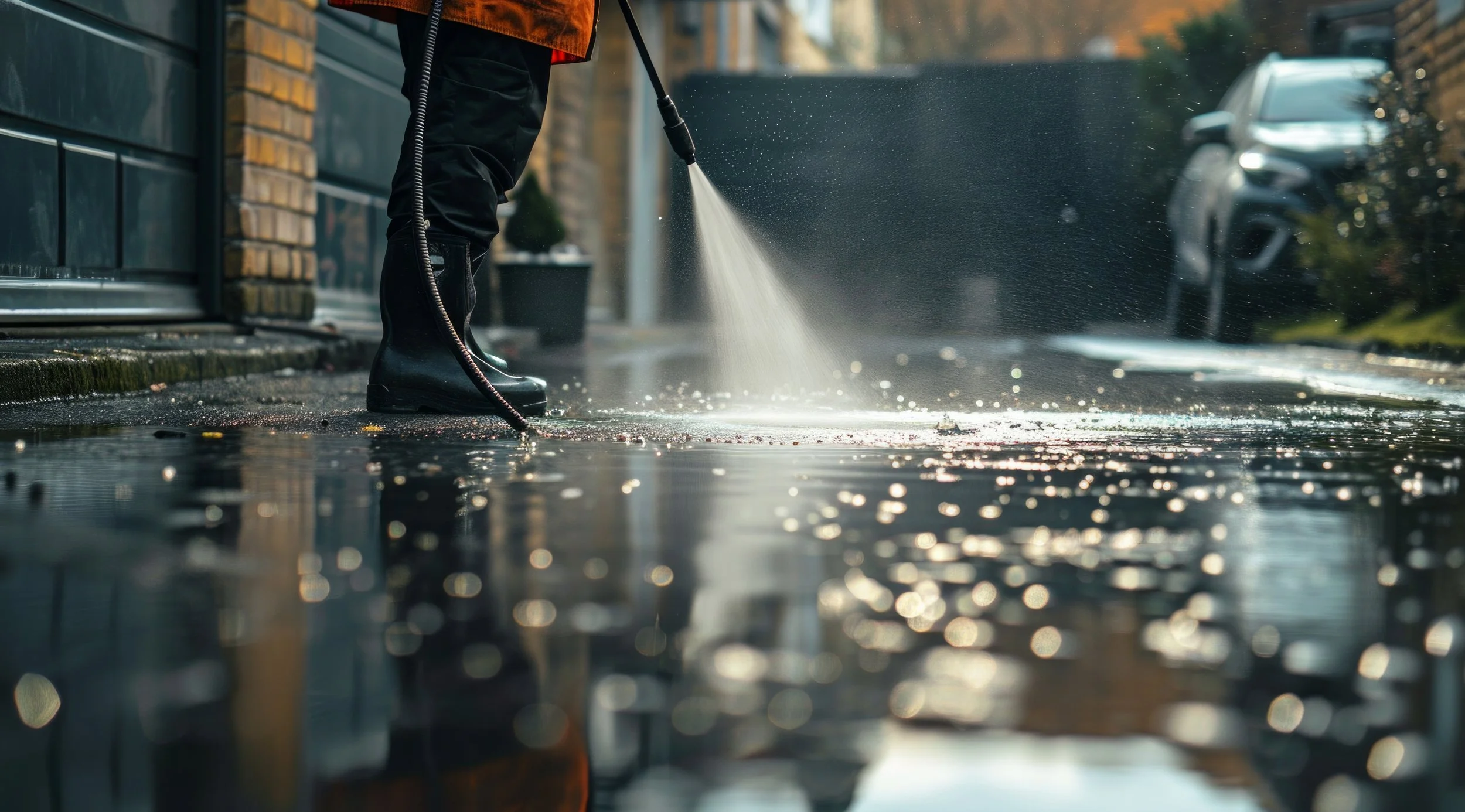 Worker pressure washing a wet driveway, section 05: Pressure Washing — driveways, decks, patios, and house siding restoration.