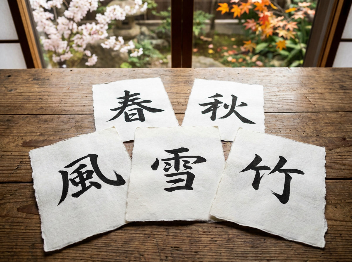 Seasonal Chinese characters written in calligraphy on textured paper.