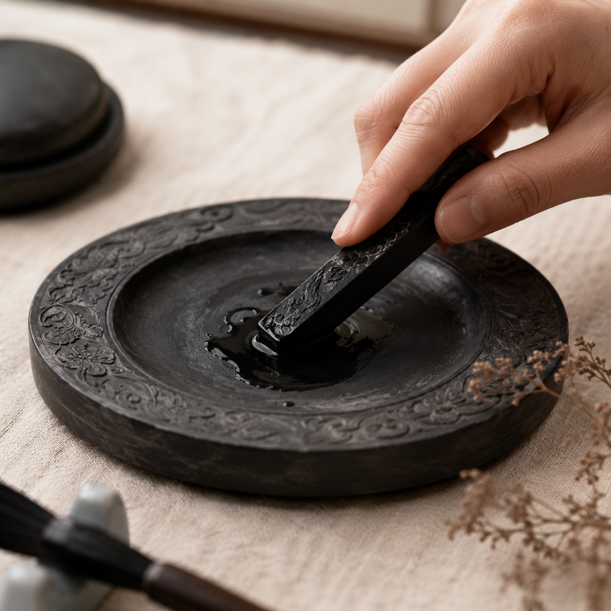 Inkstick being prepared on an inkstone for Chinese calligraphy.