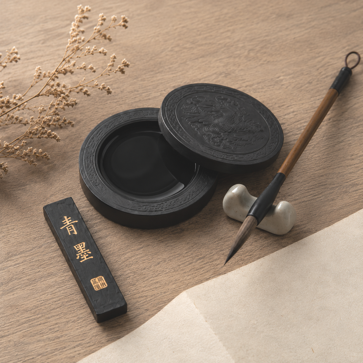 Traditional brush, ink, paper and inkstone used in Chinese calligraphy practice.