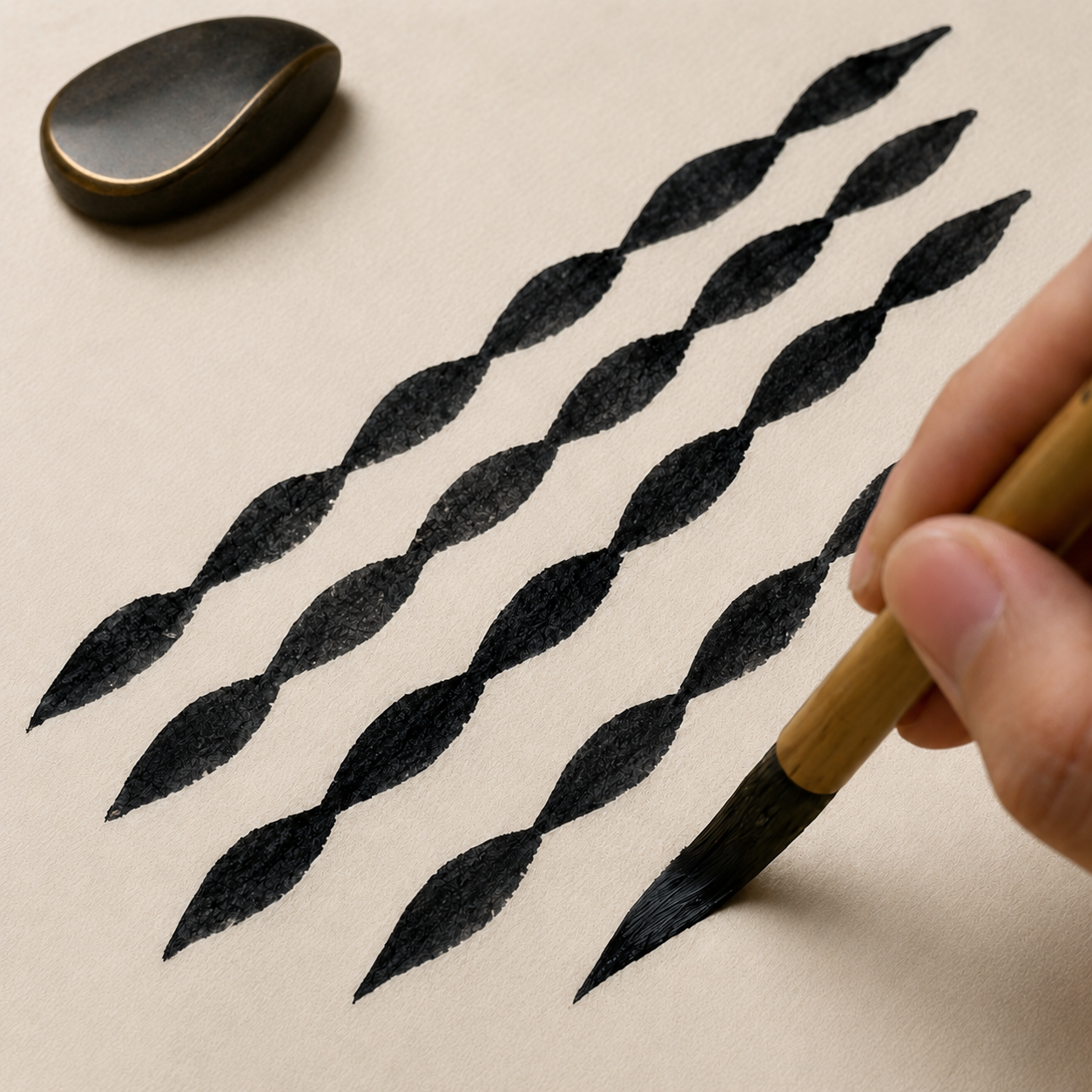 Chinese calligraphy stroke showing changes in brush pressure and ink thickness.