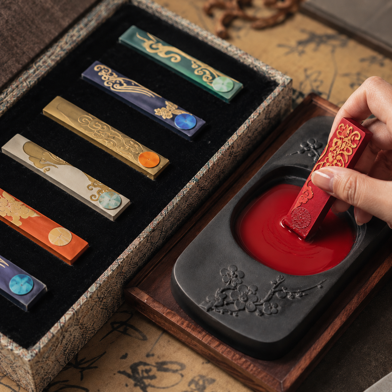 Inkstick being prepared on an inkstone for Chinese calligraphy.