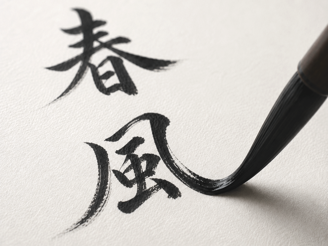 Chinese calligraphy brush writing the characters 春風, meaning spring breeze, on textured paper.
