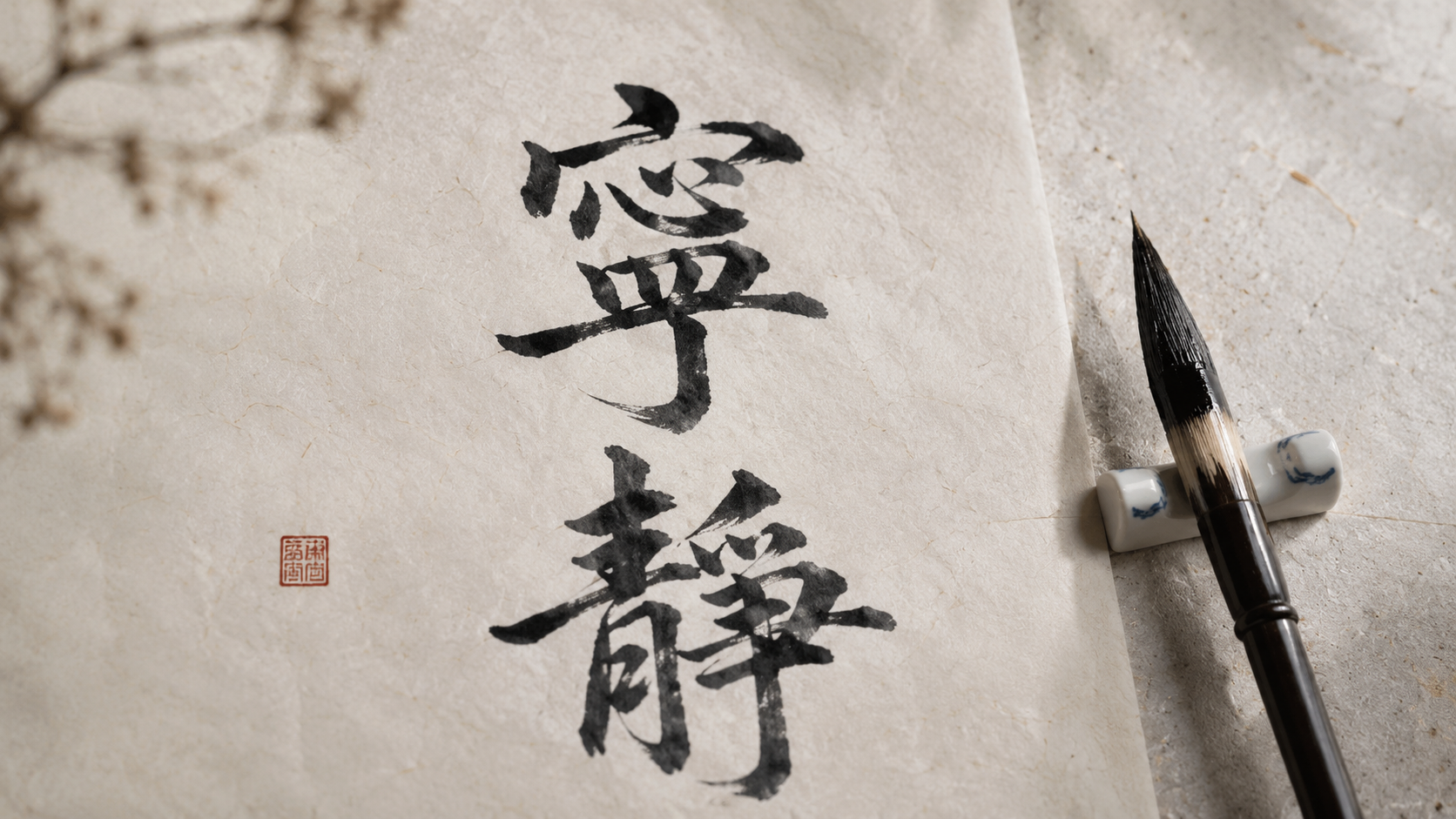 Chinese calligraphy of 寧靜, meaning peaceful stillness, written on textured paper.
