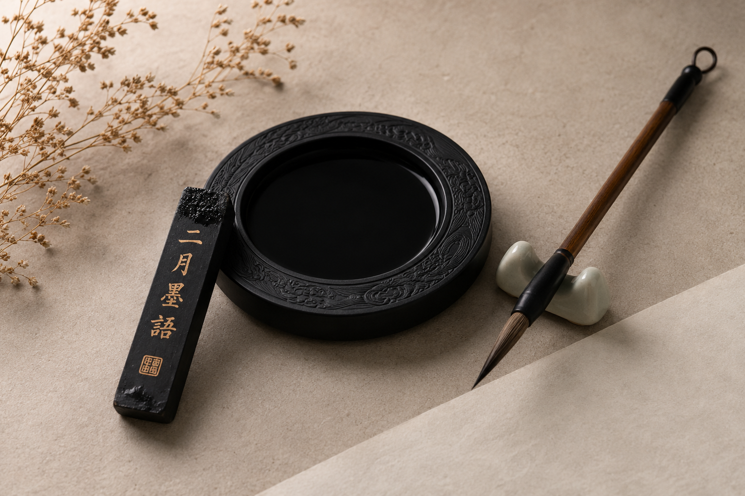 Traditional Chinese calligraphy tools prepared before writing begins.