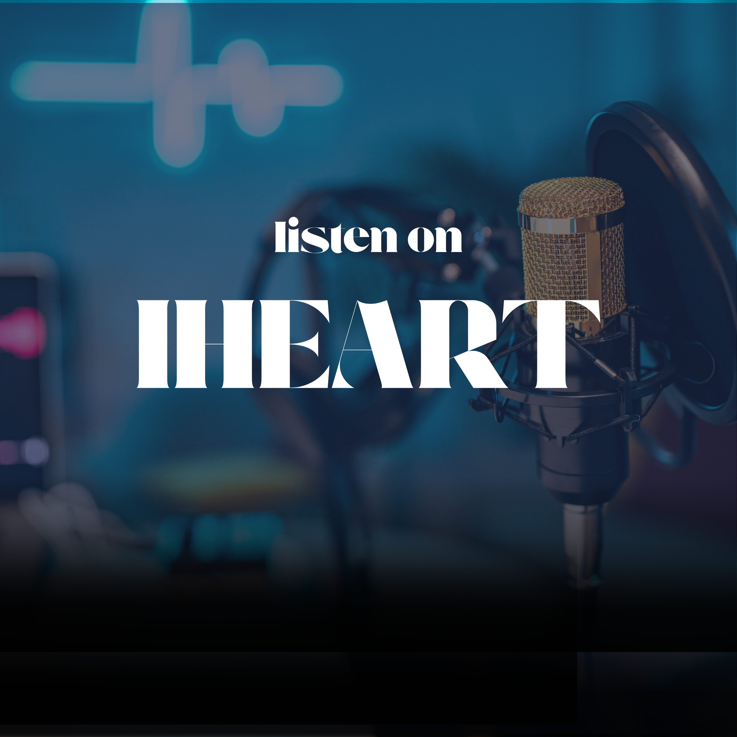 A gold-colored microphone with a mesh grille sits in front of a blue background that features a glowing plus sign and text that says "listen on" and part of the word "HEAD"