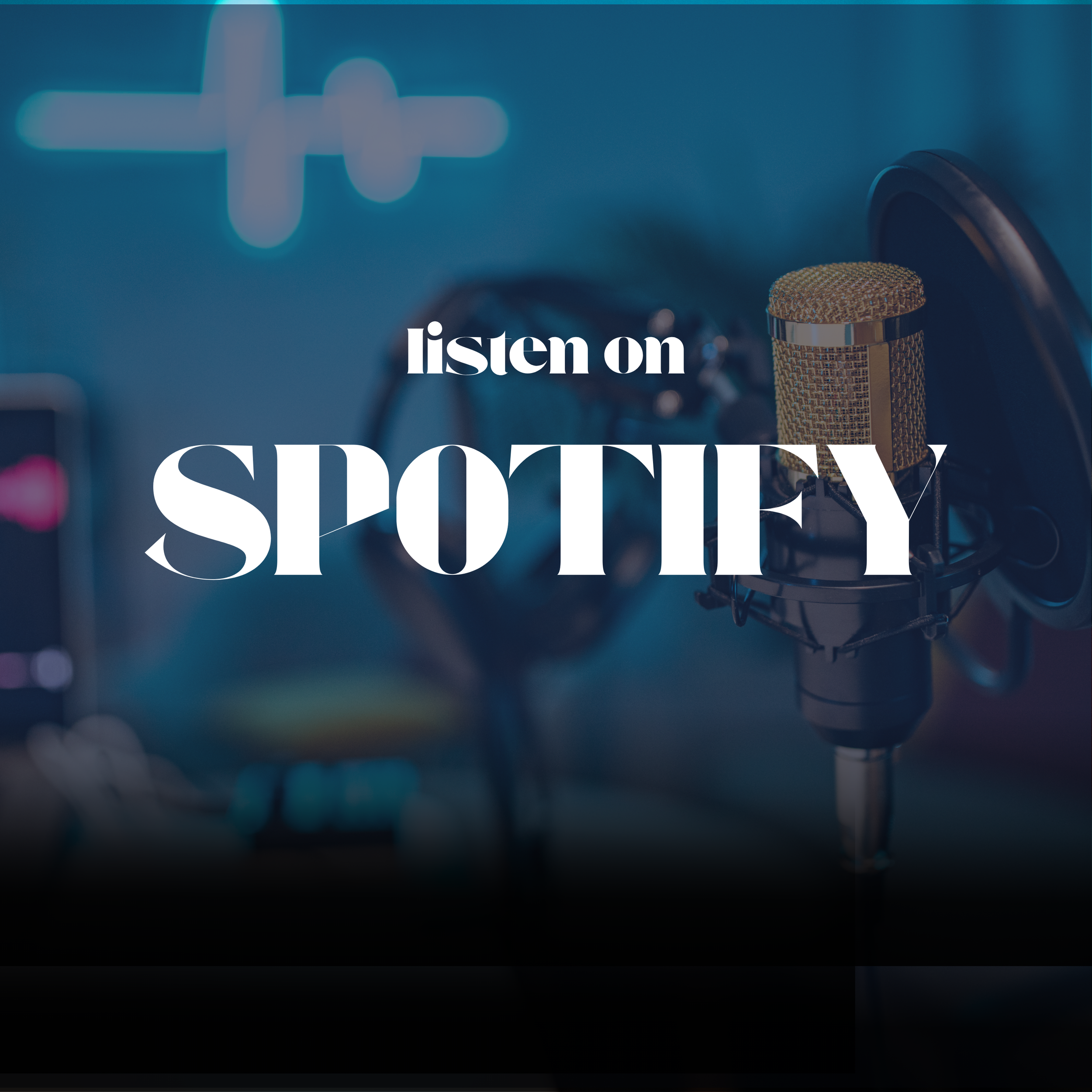 A recording microphone with a gold-colored grille on a stand in a recording studio, with a neon blue lab equipment symbol in the background and the text 'listen on SPOTIFY' overlaid.