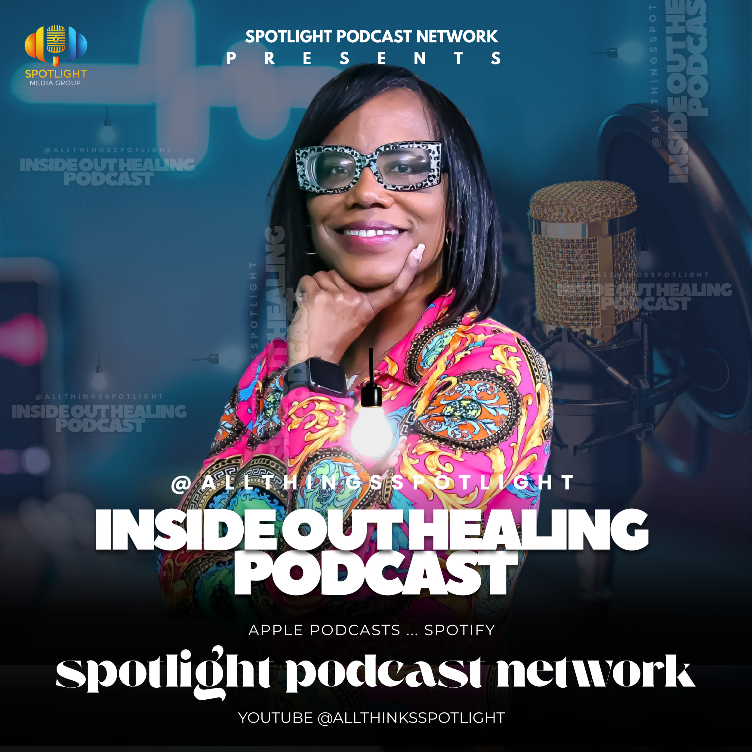 A woman with black hair, wearing patterned glasses and colorful clothing, smiling and posing in front of a microphone with a podcast recording setup, including a blue background and microphone, promoting a podcast episode.