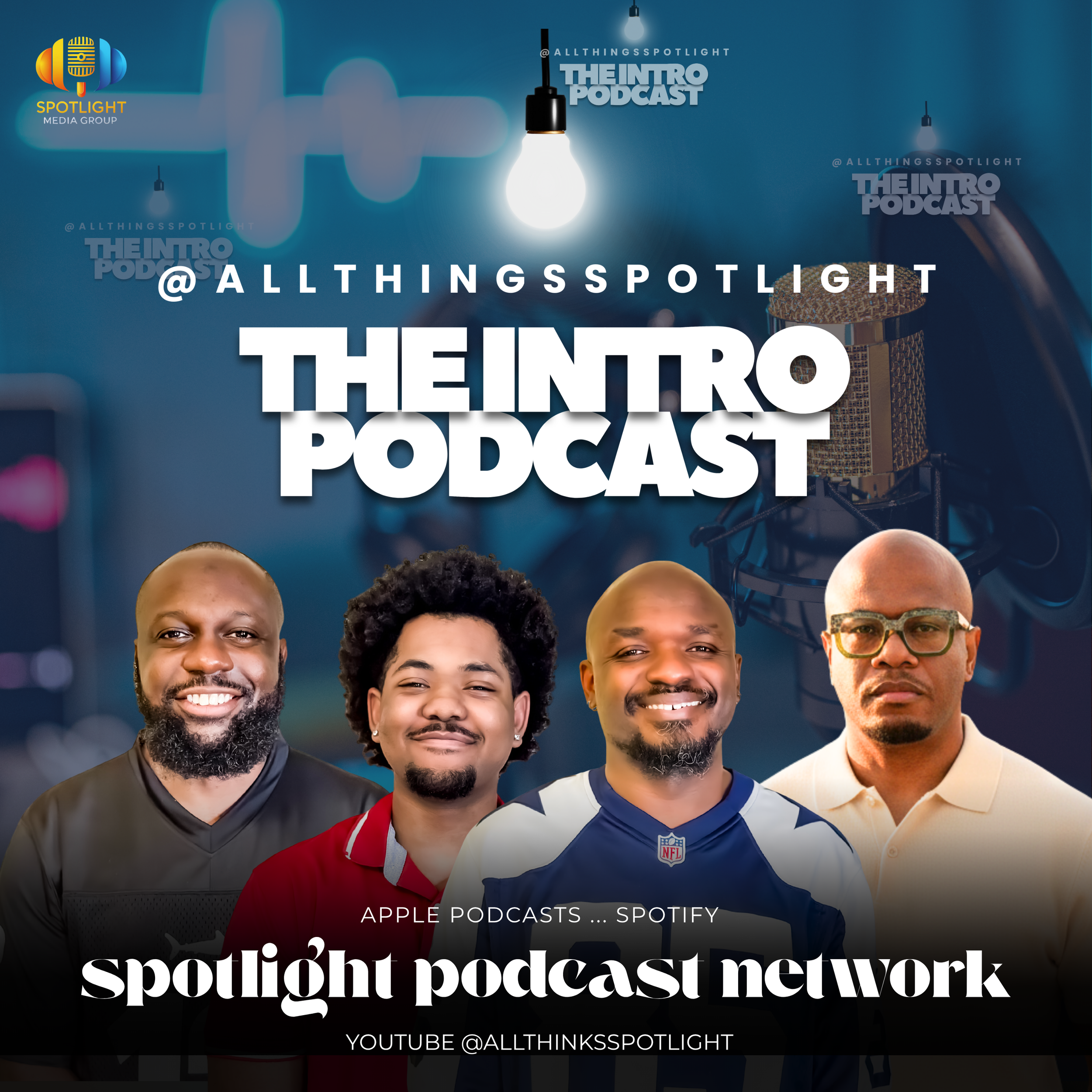 Promotional graphic for the Spotlight Podcast Network featuring photos of diverse men, a microphone, light bulbs, and text promoting the podcast and its platforms.
