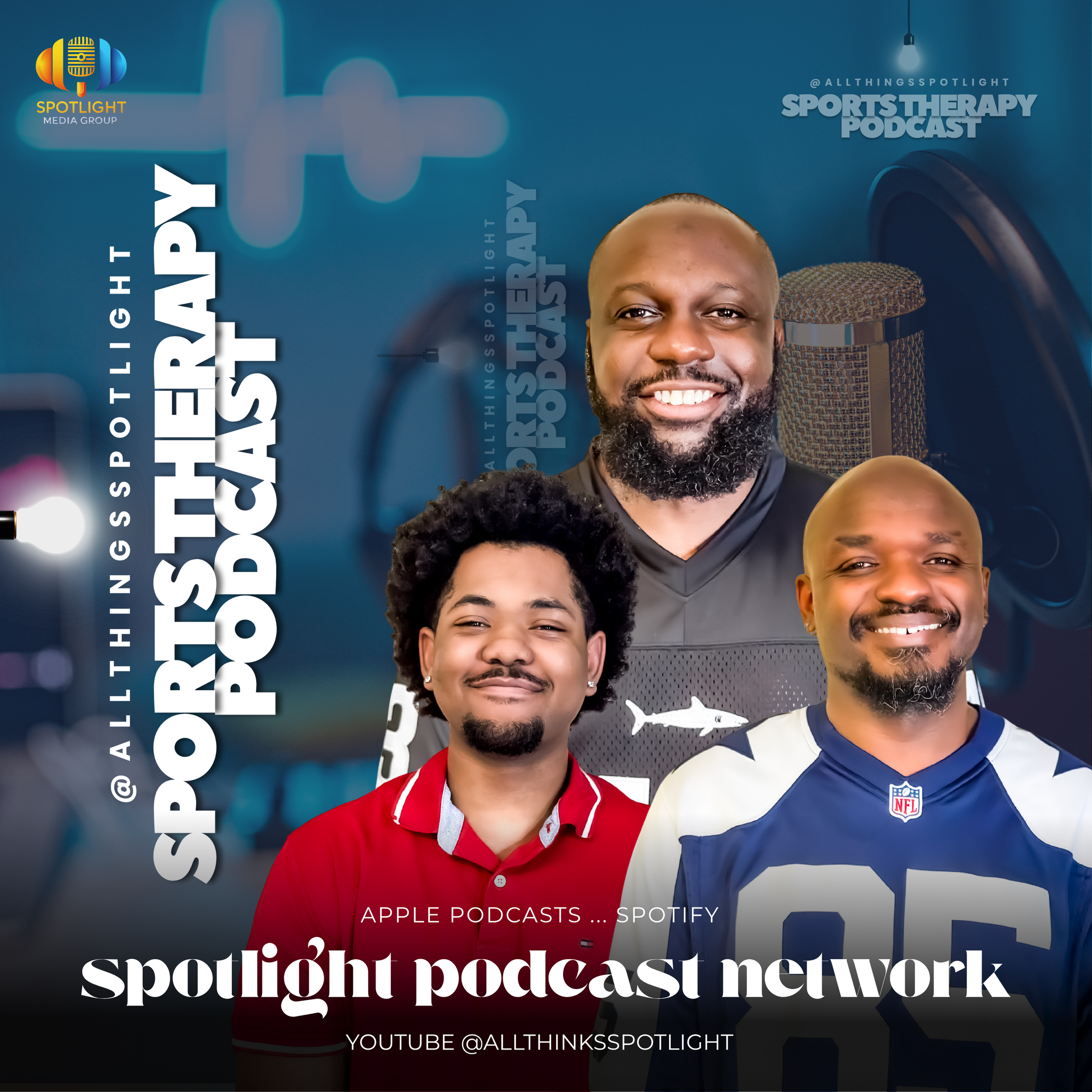 Group of smiling men from diverse backgrounds wearing sports jerseys in front of podcast promotional background, with text about sports therapy podcasts on Spotify and YouTube, including logos and social media handles.
