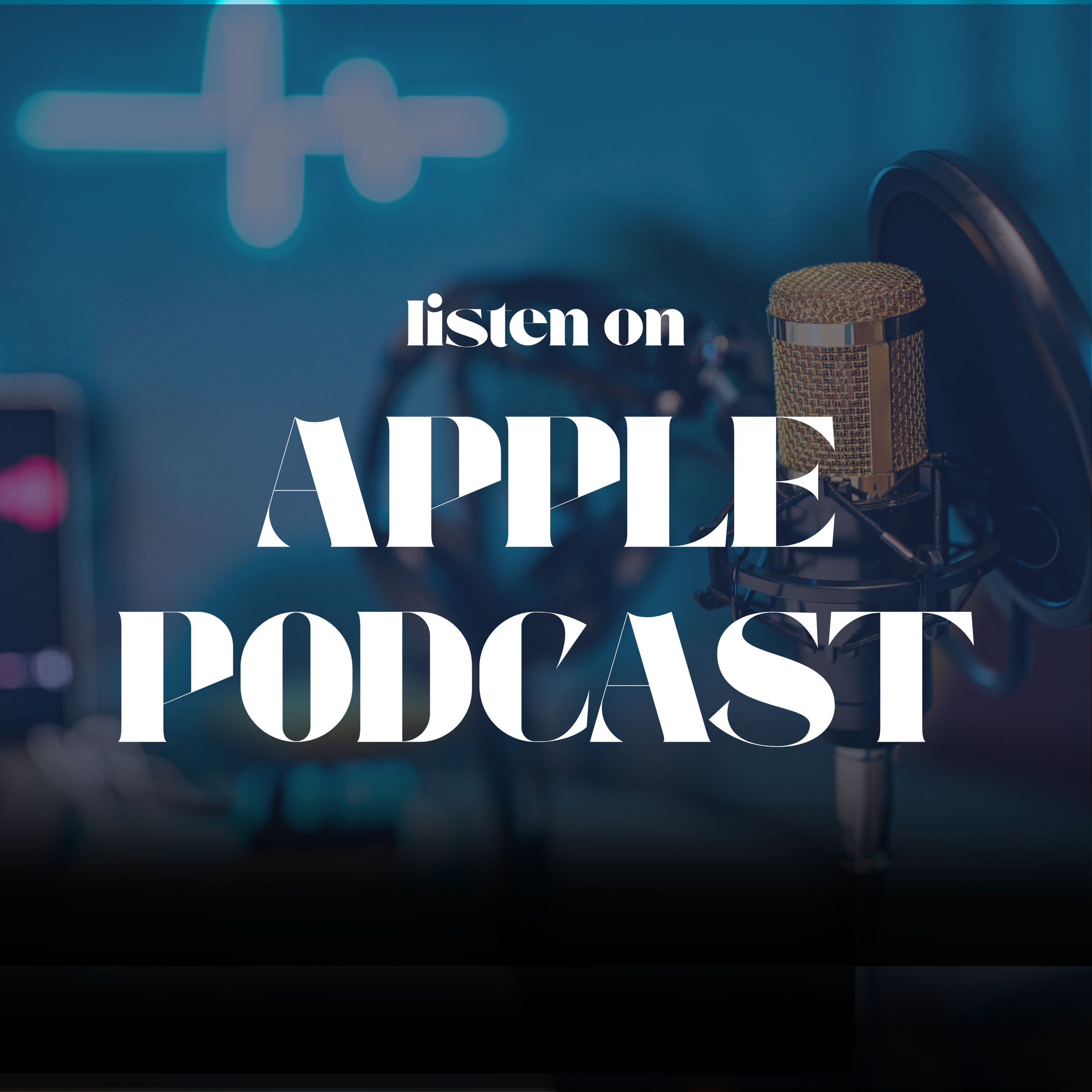 A golden microphone in front of a blurred background with a neon plus sign and the phrase "listen on APPLE" in large white text.