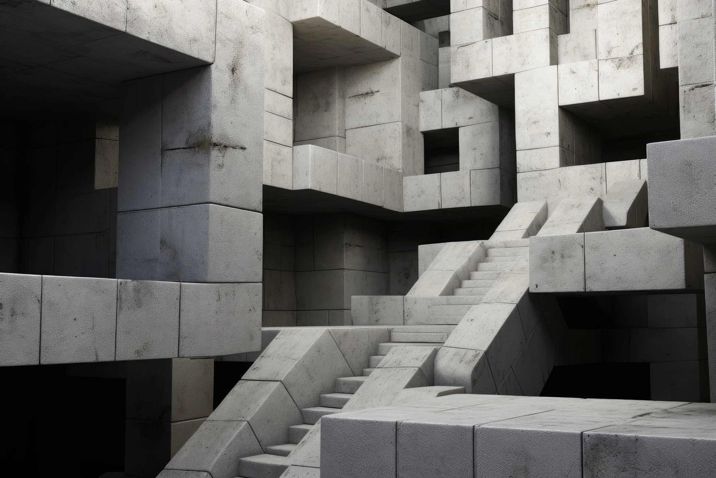 Modern architectural structure with large light gray concrete blocks and stairs creating a geometric abstract pattern.