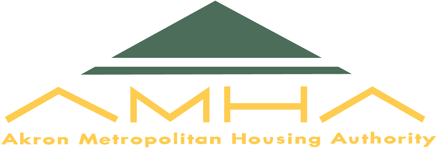Logo of Akron Metropolitan Housing Authority with stylized houses and a roof in green and yellow colors.