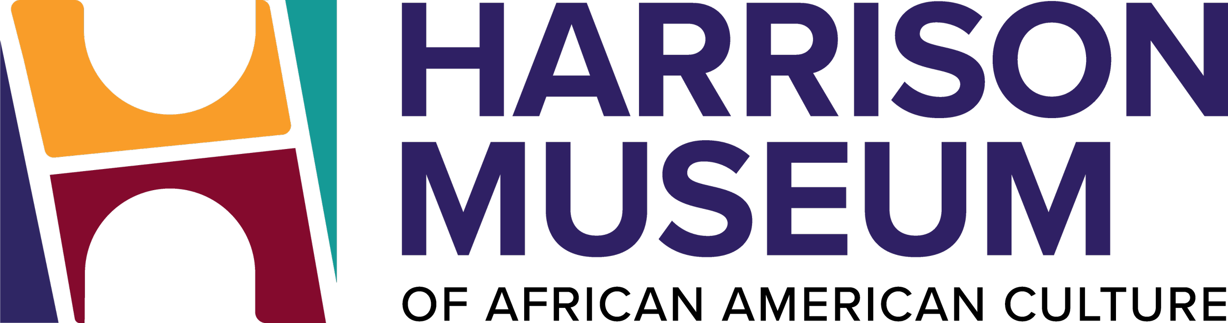 Logo of the Harrisons Museum with abstract geometric shapes and bold text.