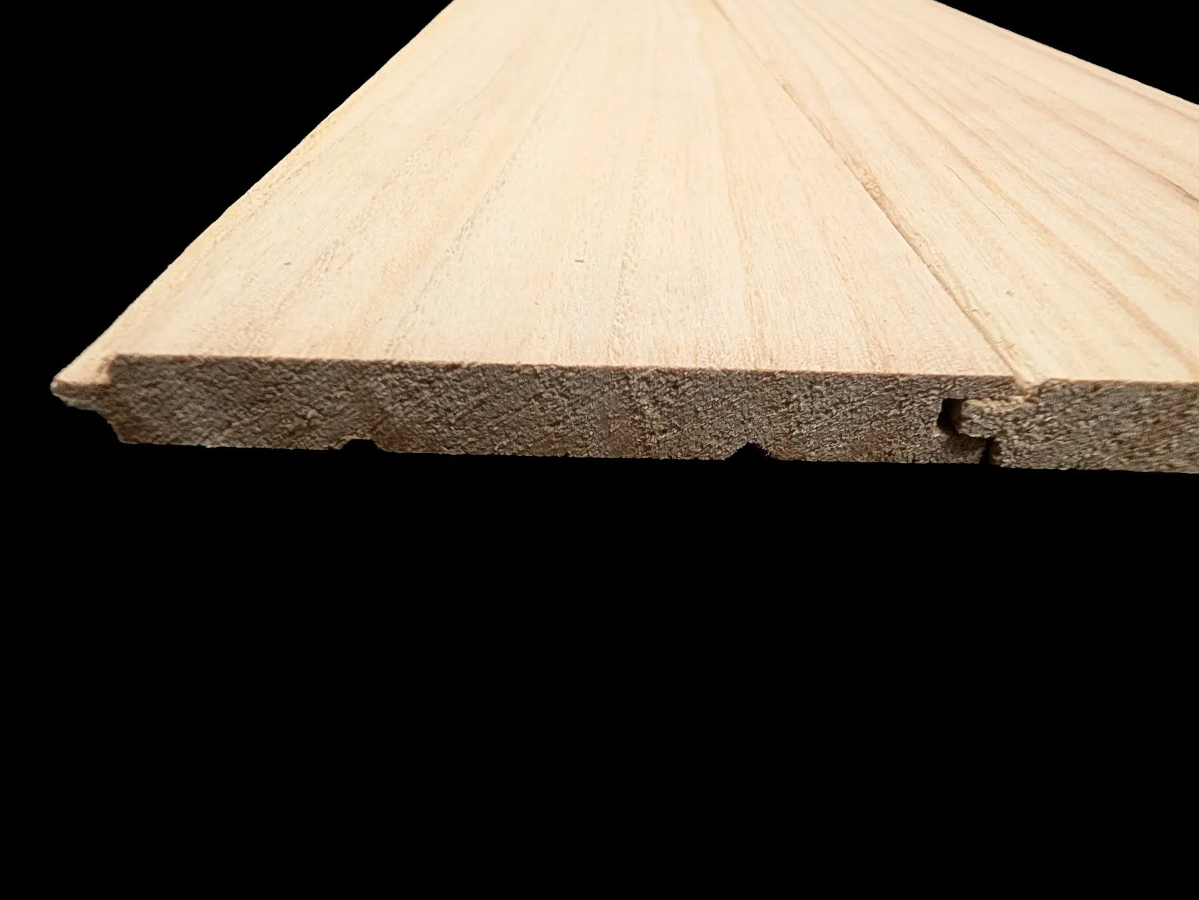 Paulownia VJ lining board showing the V-joint tongue and groove profile