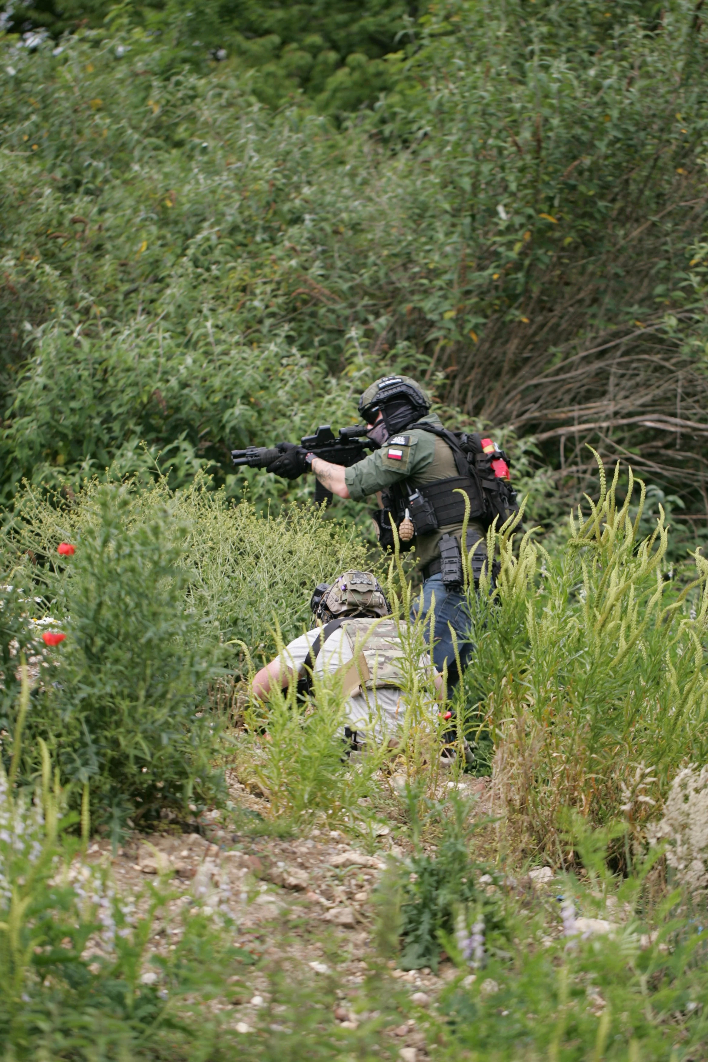 A soldier wearing camouflage uniform and tactical gear aiming a rifle through dense bushes and greenery in a jungle or forest setting.
