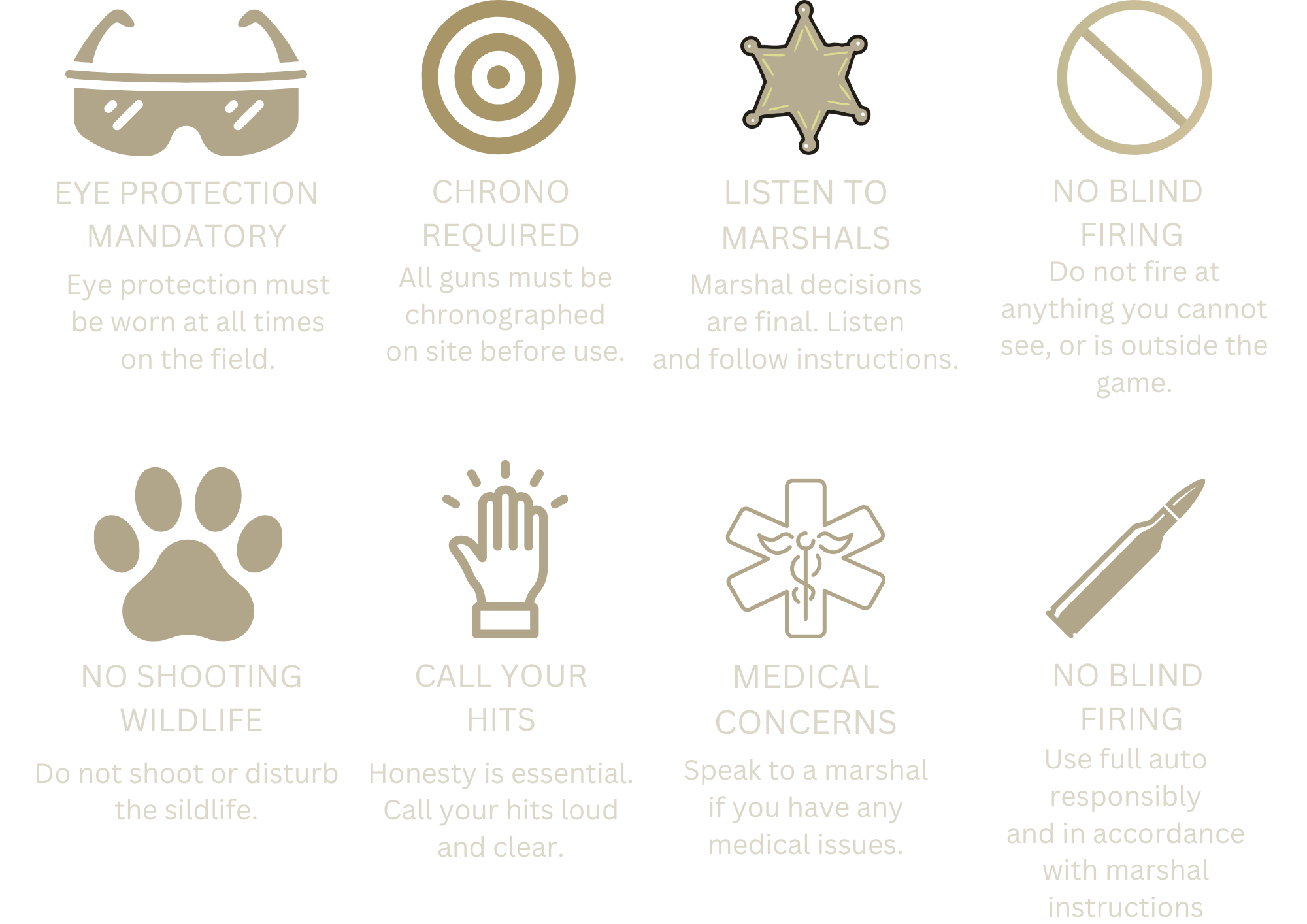 Guidelines for safety during a firearm or shooting activity, including icons for eye protection, target, marshal, no blind firing, no shooting wildlife, call your hits, medical concerns, and no blind firing, with instructions for each.