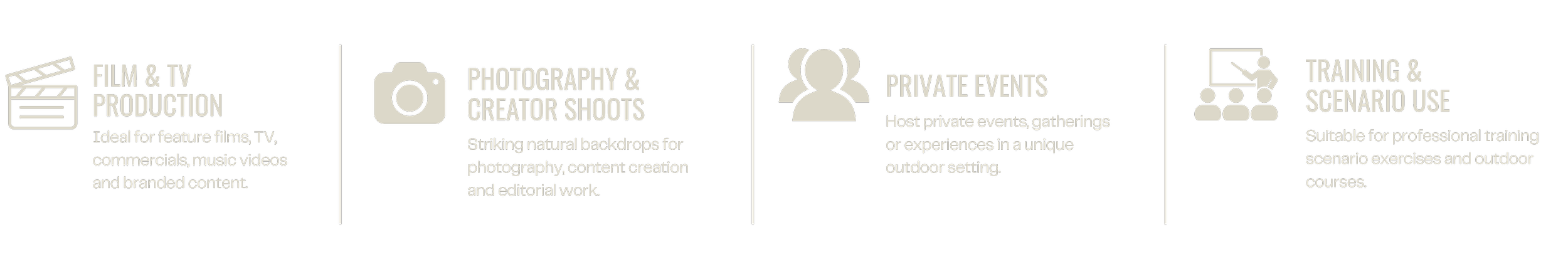 Information graphic about different uses for outdoor media production, including film & TV production, photography, private events, and training exercises.