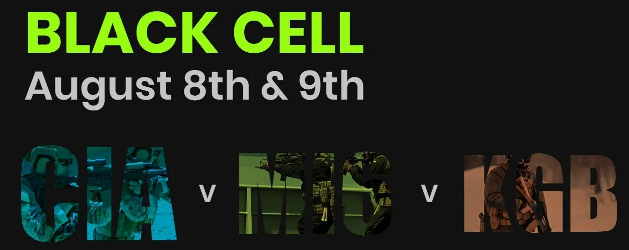Black Cell event poster with dates August 8th and 9th, featuring military or tactical imagery for CHI, MHS, and GNB teams.