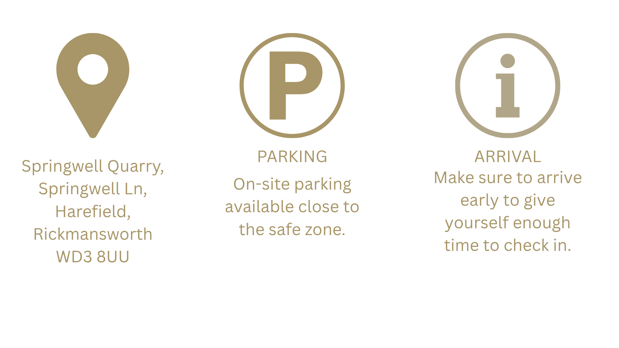 Directions for parking and arrival at Springwell Quarry, including on-site parking availability and the importance of arriving early.