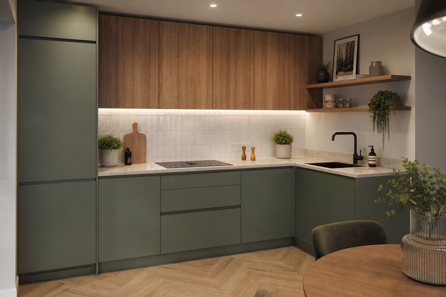 Modern kitchen with green lower cabinets, wooden upper cabinets, a white tiled backsplash, and a black faucet.