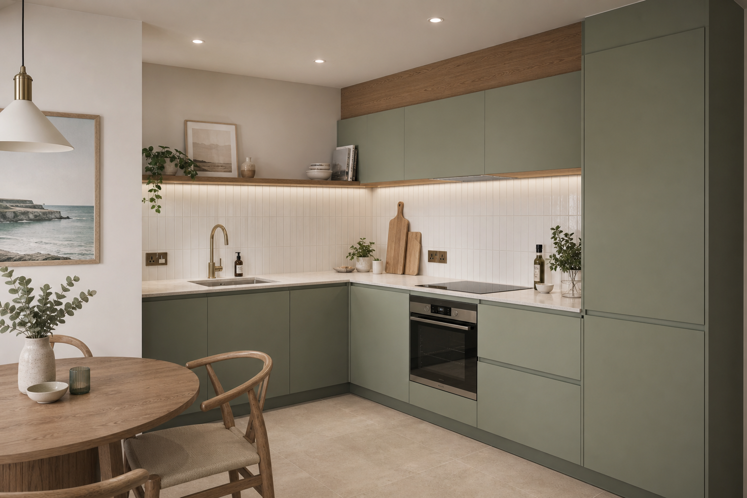 Modern kitchen with green cabinets, white backsplash, wooden accents, and minimalist decor.