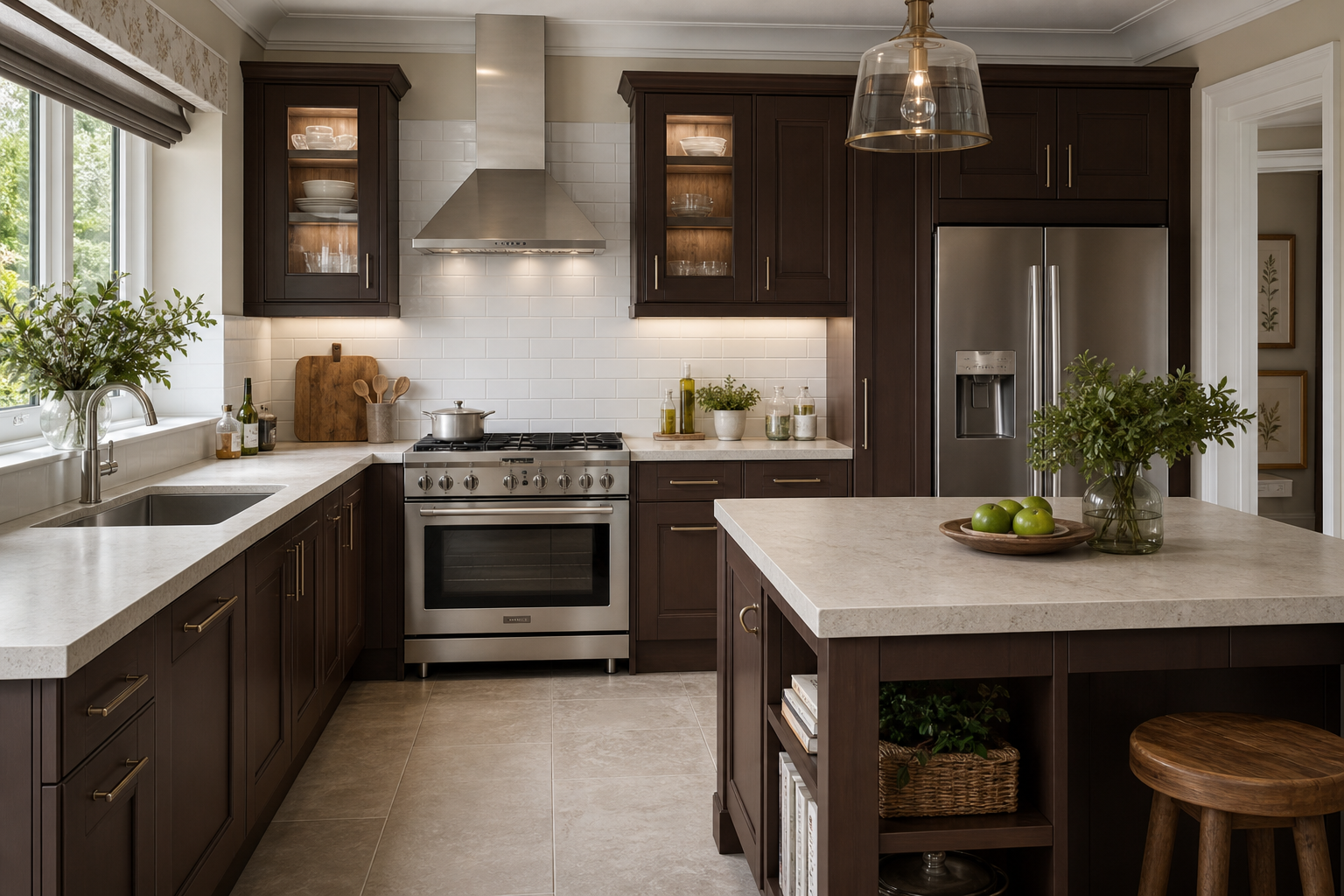 Modern kitchen with dark wood cabinets, stainless steel appliances, white subway tile backsplash, and cream countertops. A window with greenery outside, decorative dishes, green apples, and plants on the counters and island.