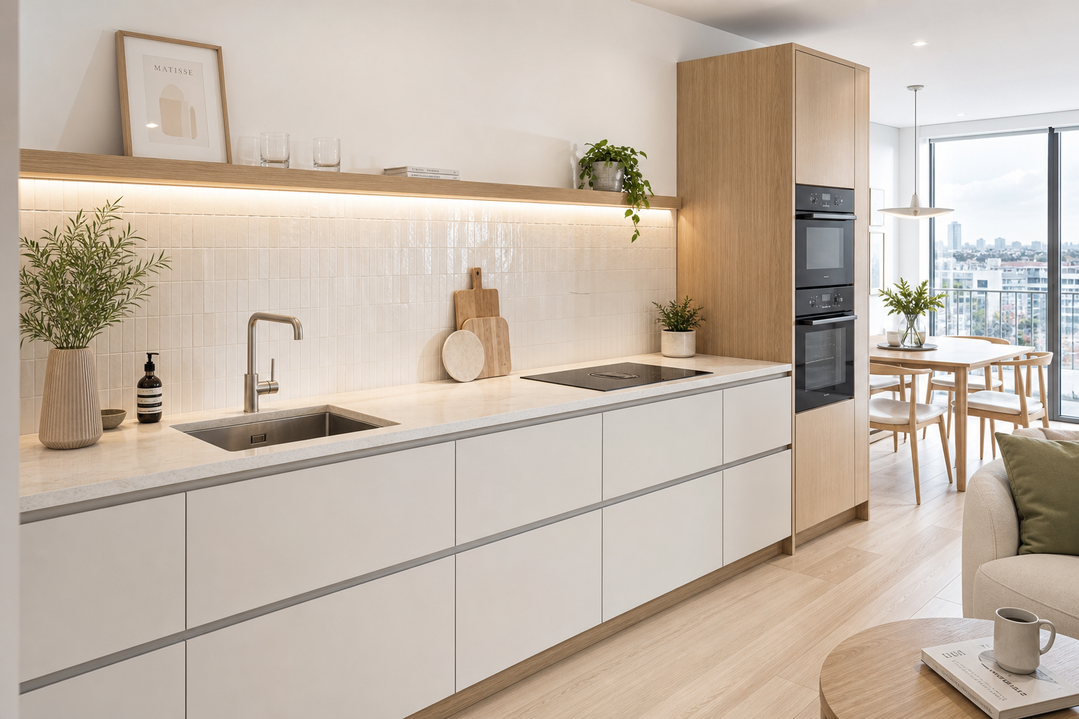 Modern kitchen with white cabinets, a beige countertop, a sink, and a backsplash with built-in lighting. Decor includes potted plants, wooden cutting boards, and a framed art piece on a shelf. There is a dining area with a round table, chairs, and la