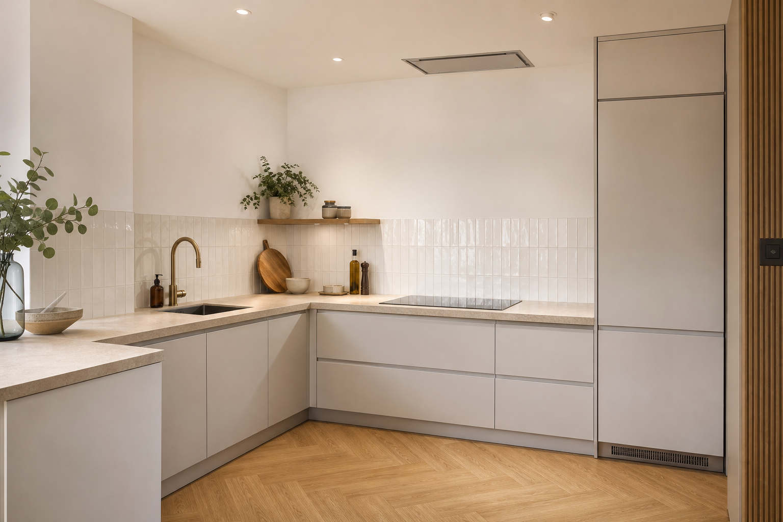 Minimalist kitchen with white cabinets, beige countertops, a black sink, and a gold faucet. Decor includes potted plants, ceramic bowls, wooden cutting board, and olive oil bottle. Light wood flooring and white tiled backsplash.