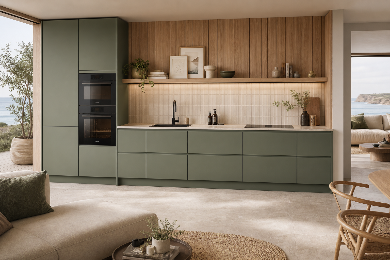 Modern kitchen with green lower cabinets, wood-paneled upper wall, built-in oven, sink, minimal decor, and open view of living area with ocean scenery in the background.