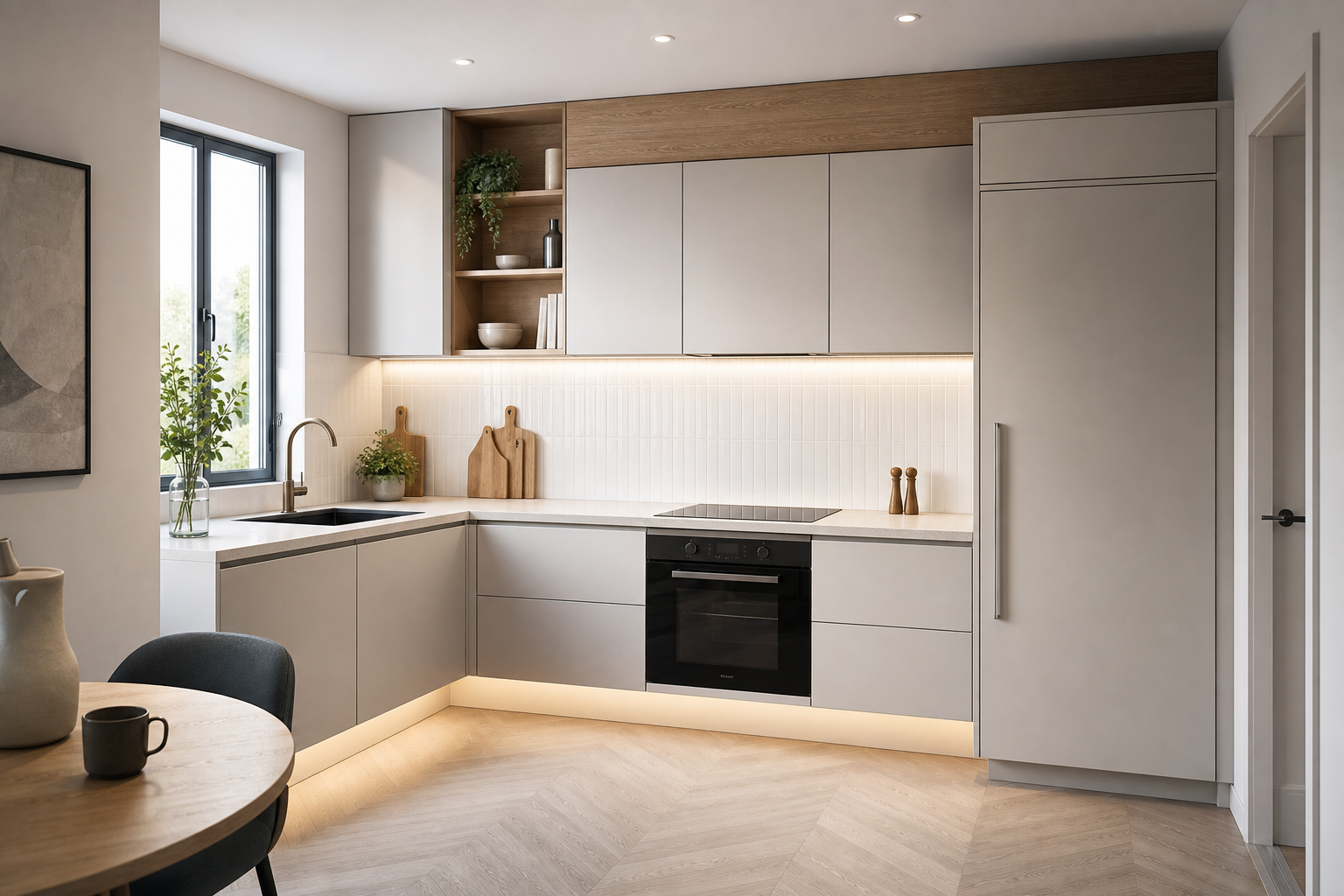 Modern kitchen with white cabinets, black oven, and wooden accents, next to a window with plants and a round dining table with a vase and cup.