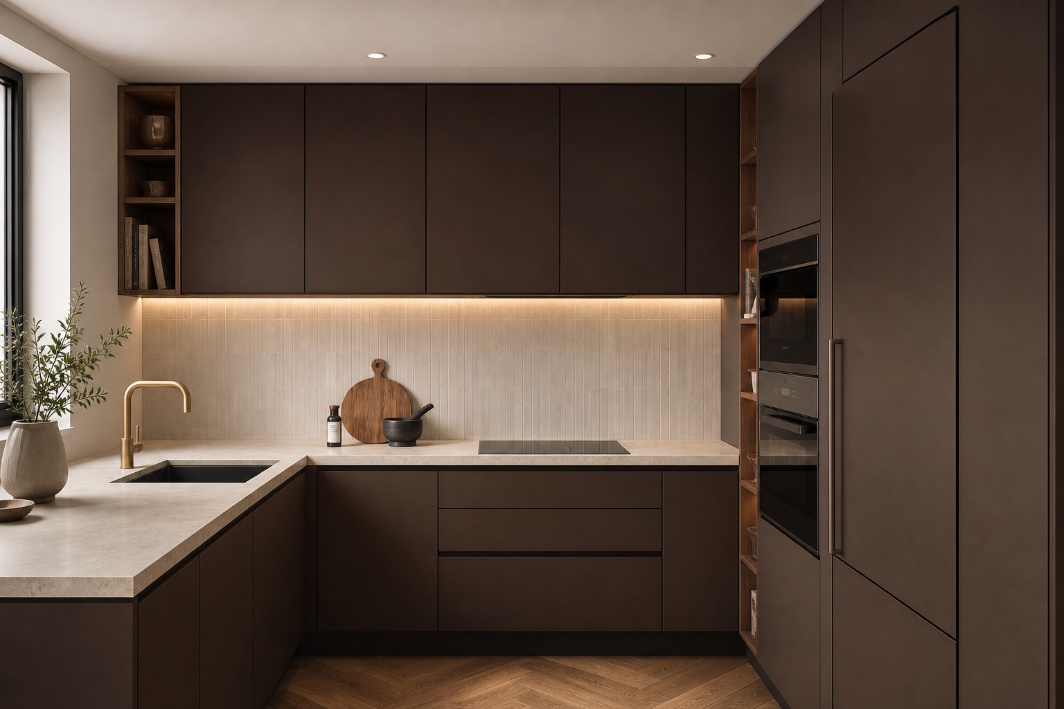 Modern kitchen with dark brown cabinets, beige countertop, and a beige tiled backsplash. Contains a gold faucet, a plant near the window, an outdoor window, a cutting board, a black mortar and pestle, and built-in appliances.