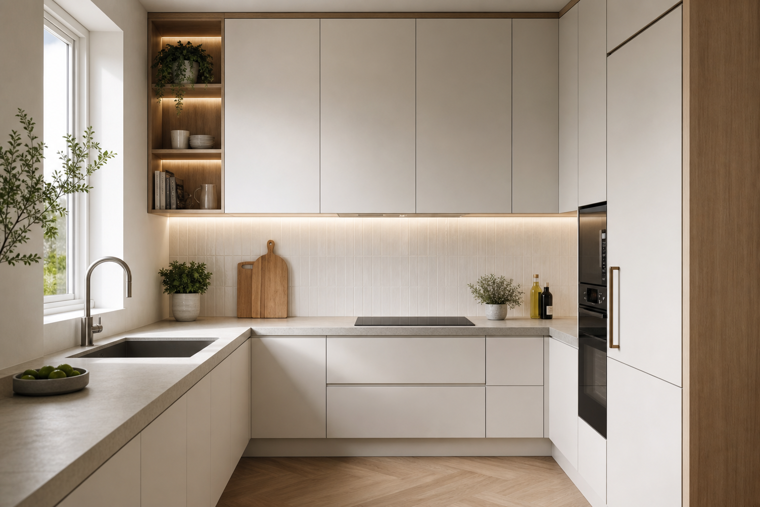 Modern kitchen with white cabinets, wooden accents, and a window with natural light. The countertop features a bowl of limes, a potted plant, cutting boards, and spice bottles. The backsplash is minimalistic with under-cabinet lighting, and there is 