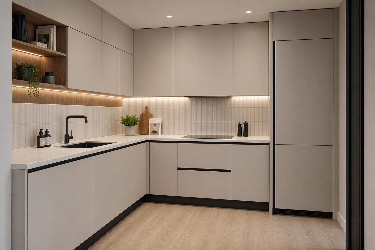 Modern, minimalist kitchen with light gray cabinets, black faucet, white countertops, and wooden open shelving with decorative items and plants.