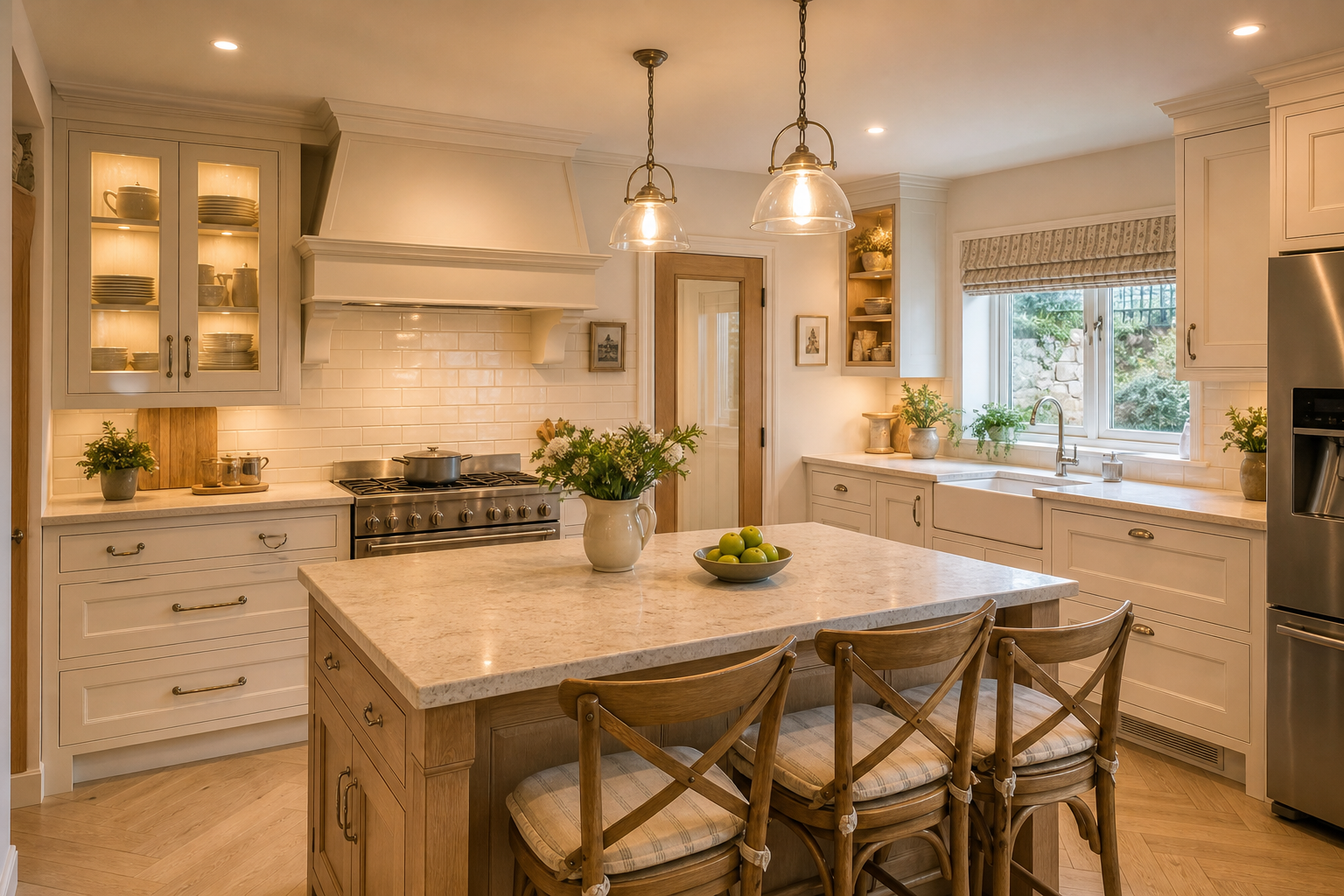 A kitchen with cream cabinets, a marble island with four wooden chairs, a window with a view of greenery, and various plants and dishes displayed.