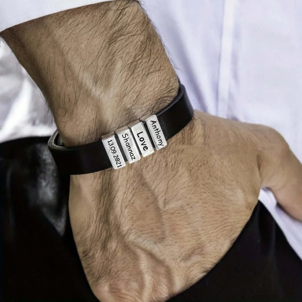 Personalized men's family name bracelet –Leather Bracelet