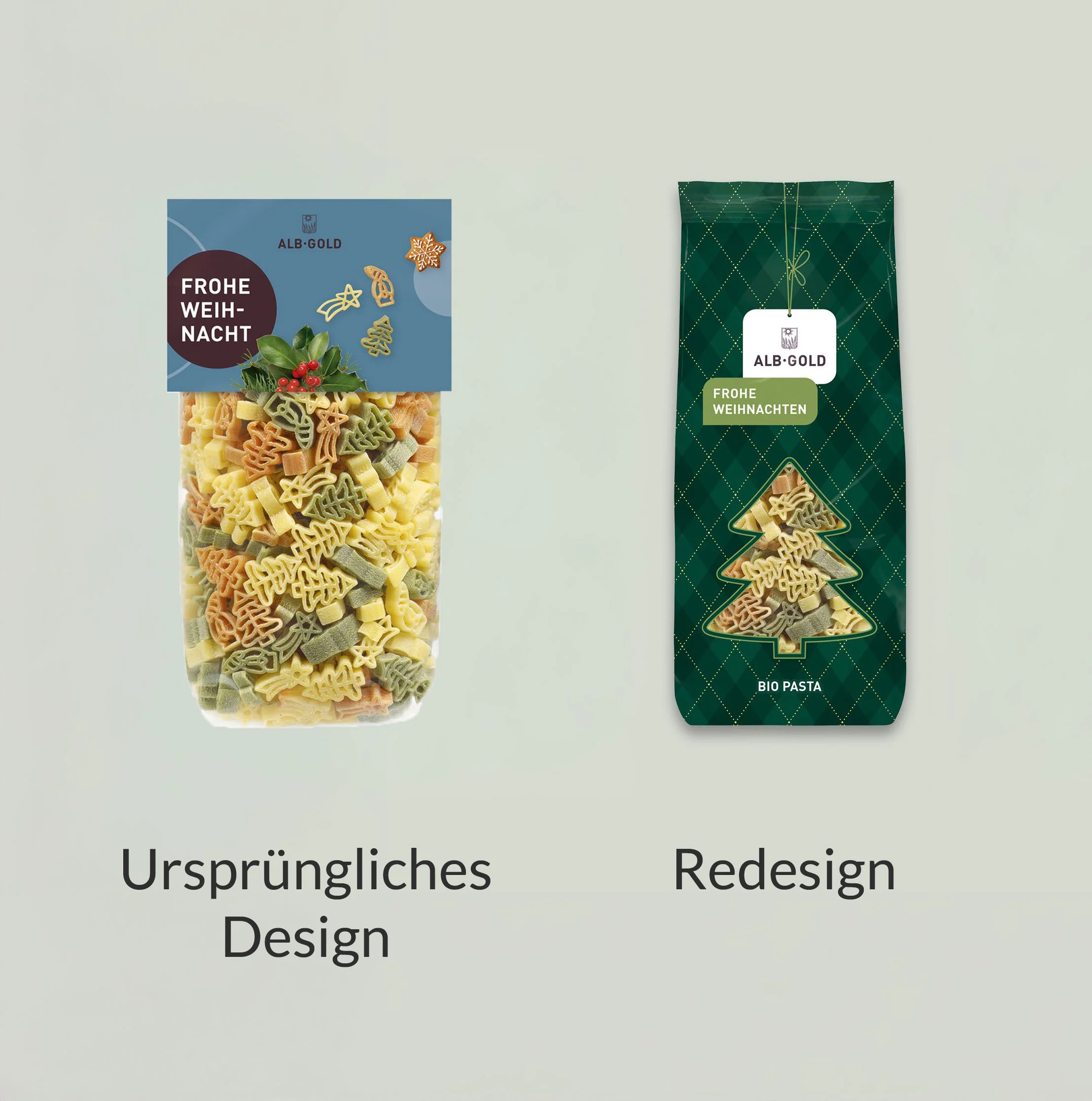 Ein Glas mit bunten Pastaresten in Weihnachtsmotiven, neben einer grünen Tüte mit Weihnachtsdesign und einem Anhänger mit dem Logo "ALB-GOLD".