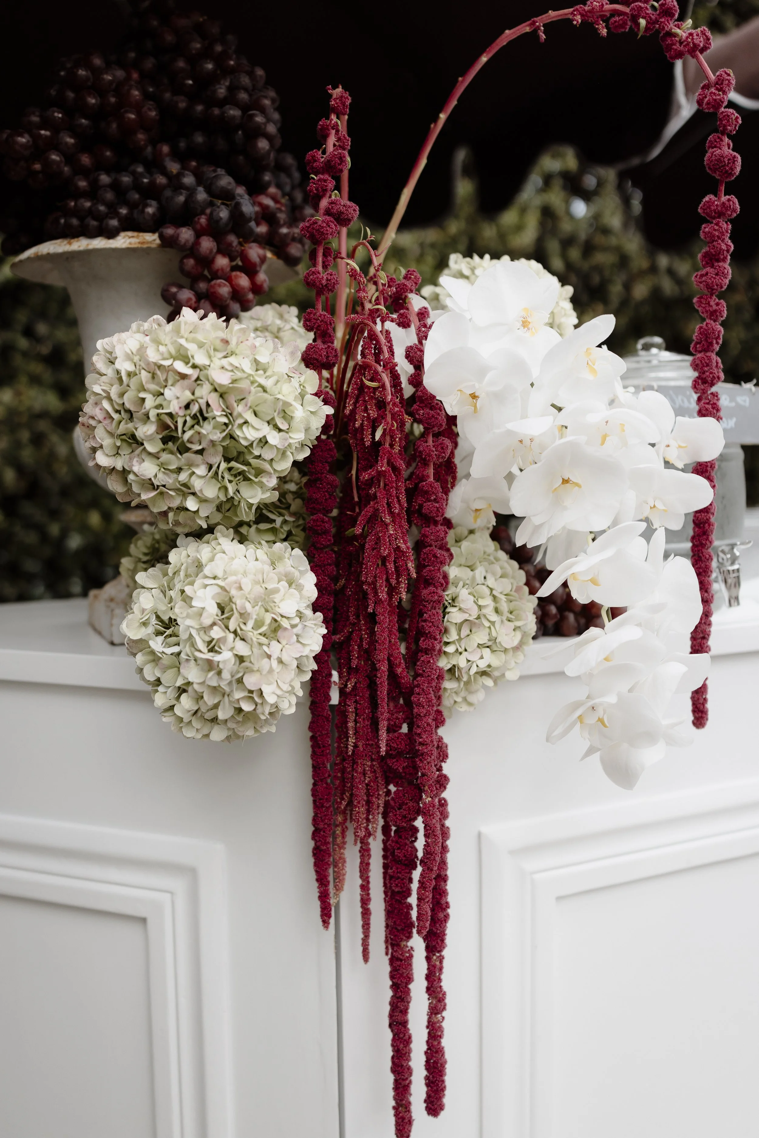 Close-up of a floral arrangement featuring white orchids, cream-colored hydrangeas, and red hanging amaranthus, arranged on a white surface with a dark, blurred background.