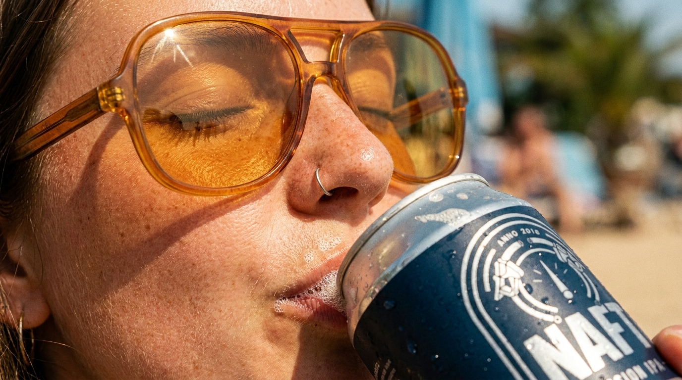 Close-up van een vrouw met een neusring, zonnebril met oranje montuur, drinkt uit een blikje op het strand met mensen op de achtergrond. Mensen drinken een naft bier. Ipa naft.